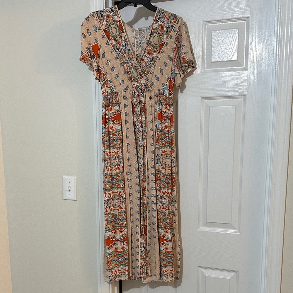 SHEIN Beige and Orange Geometric Midi Dress